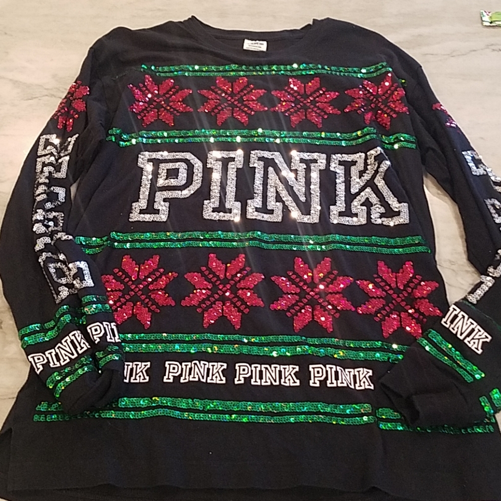 Pink Varsity crew long sleeve holiday top